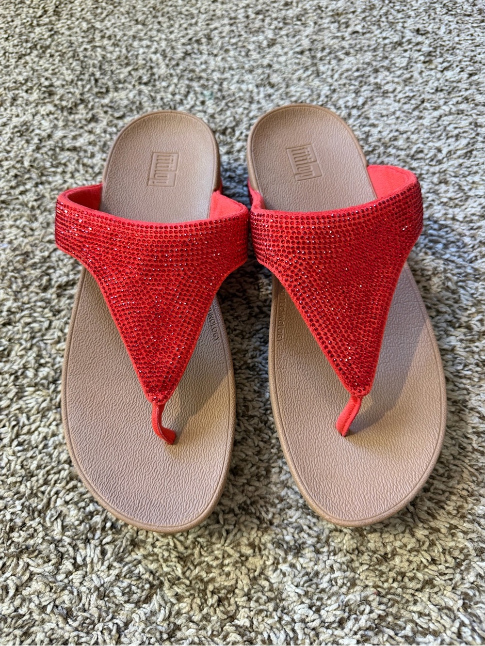 Fitflop Red Rhinestone Thong Sandals with Brown Footbed - Picture 2 of 7